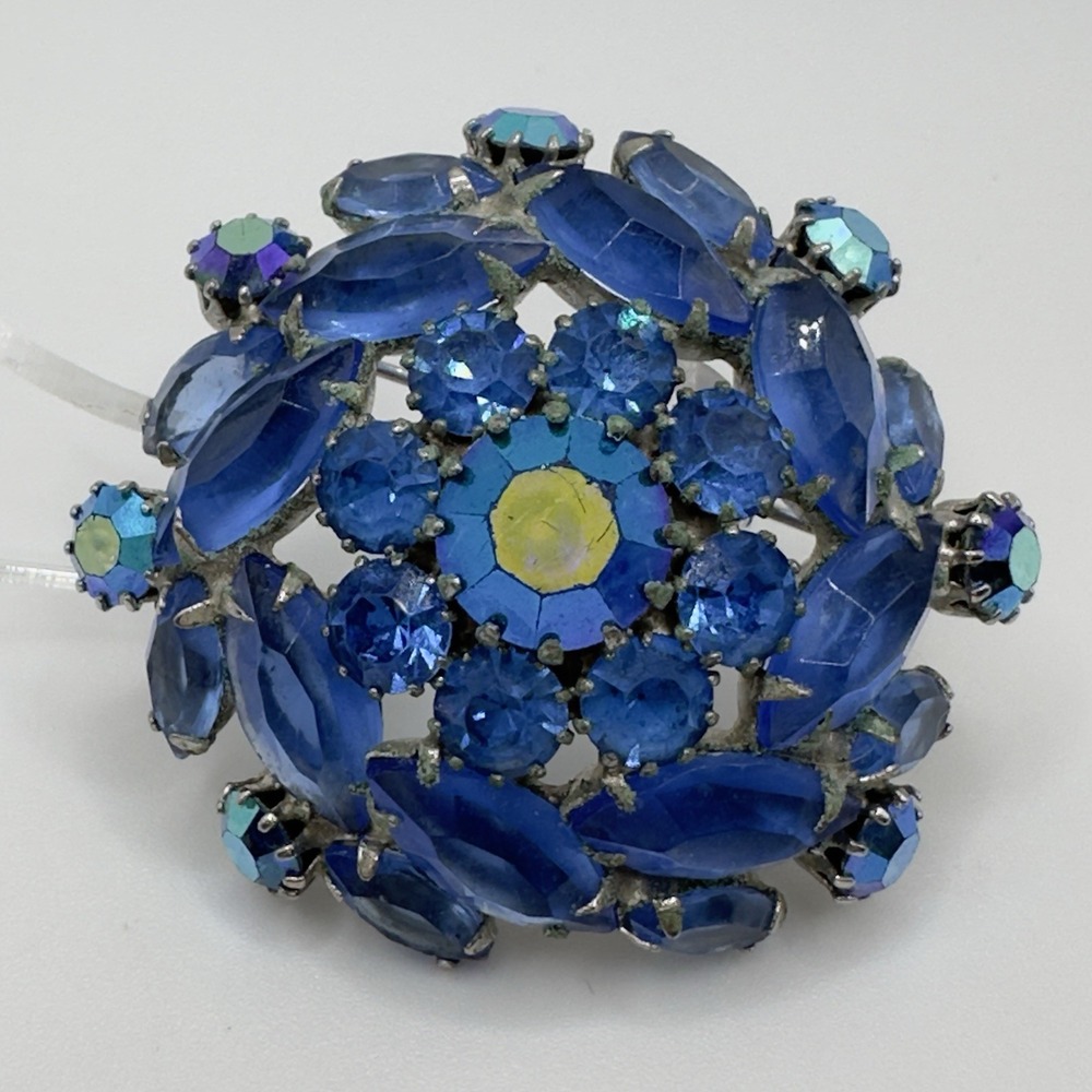Vintage Blue Rhinestone Brooch Blue & AB Domed Silver‎ Tone 2"